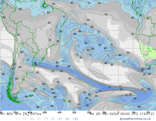 RH 850 hPa 557ww śro. 25.09.2024 00 UTC