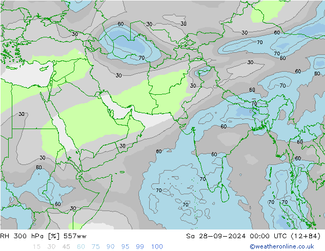 Humidité rel. 300 hPa 557ww sam 28.09.2024 00 UTC