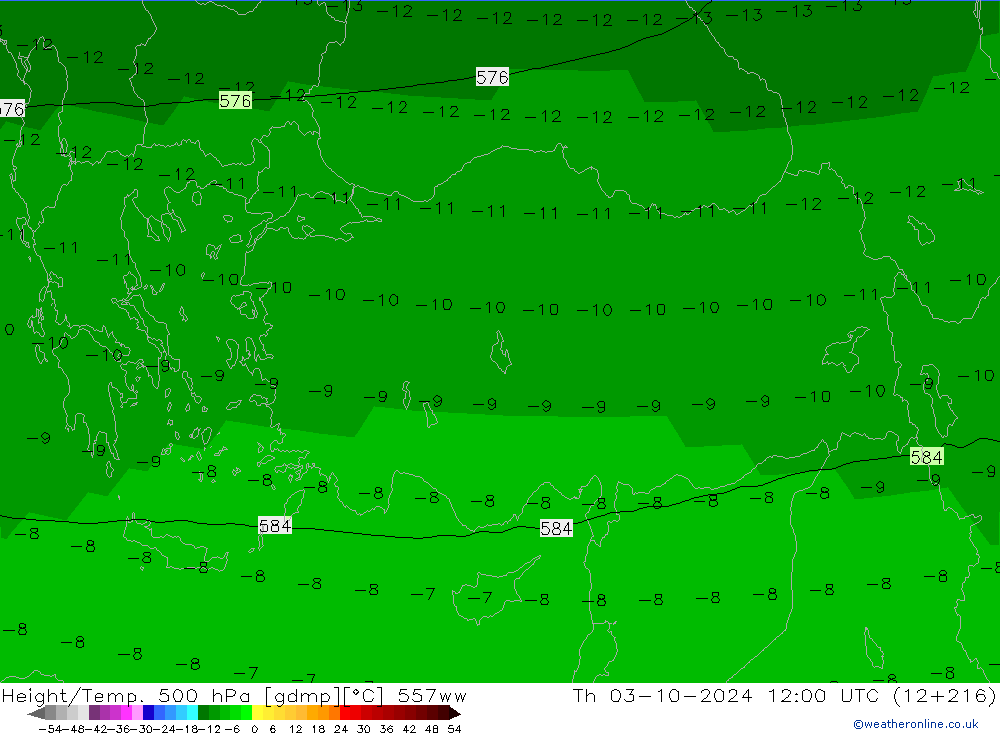 Height/Temp. 500 hPa 557ww  03.10.2024 12 UTC