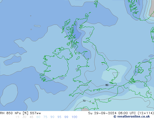 RH 850 hPa 557ww So 29.09.2024 06 UTC