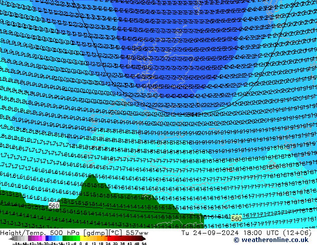 Height/Temp. 500 hPa 557ww  24.09.2024 18 UTC