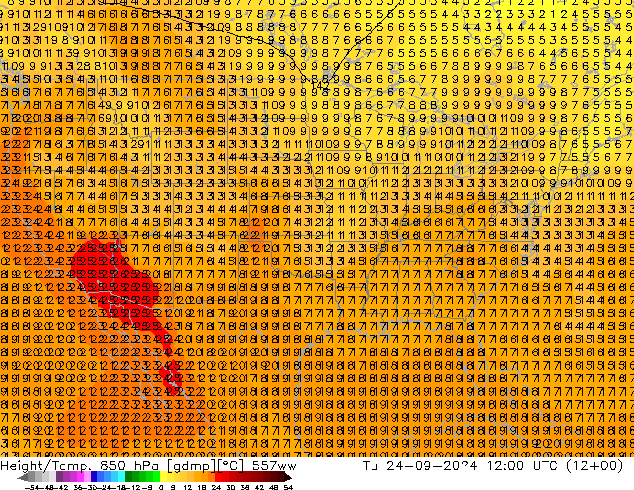 Height/Temp. 850 hPa 557ww Tu 24.09.2024 12 UTC