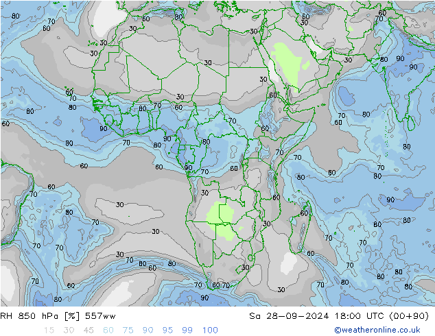 RH 850 hPa 557ww Sa 28.09.2024 18 UTC