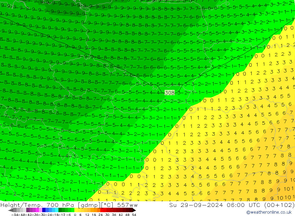 Hoogte/Temp. 700 hPa 557ww zo 29.09.2024 06 UTC