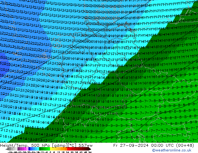 Height/Temp. 500 hPa 557ww Fr 27.09.2024 00 UTC