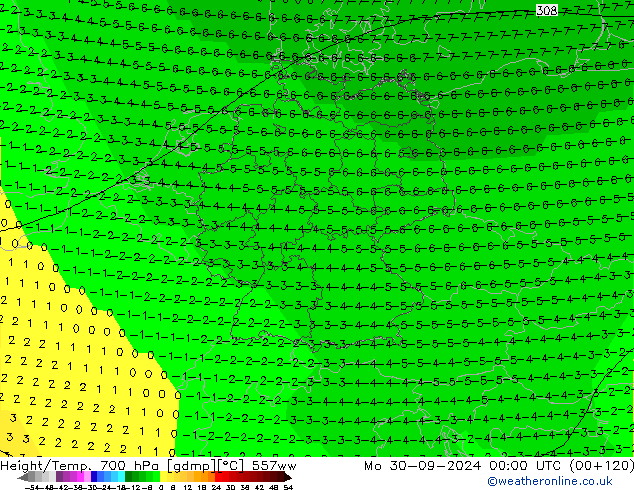 Yükseklik/Sıc. 700 hPa 557ww Pzt 30.09.2024 00 UTC