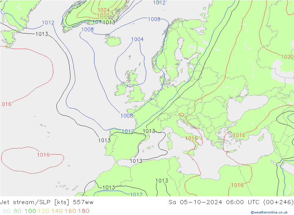 Jet stream/SLP 557ww Sa 05.10.2024 06 UTC