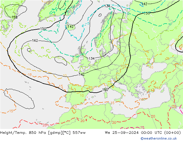 Height/Temp. 850 hPa 557ww We 25.09.2024 00 UTC