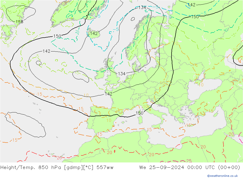 Height/Temp. 850 hPa 557ww śro. 25.09.2024 00 UTC