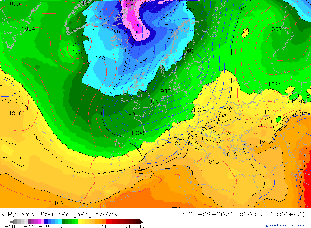 SLP/Temp. 850 hPa 557ww Fr 27.09.2024 00 UTC