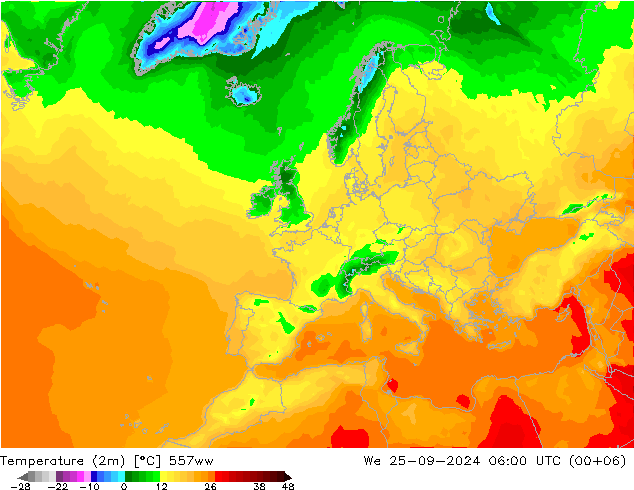 mapa temperatury (2m) 557ww śro. 25.09.2024 06 UTC