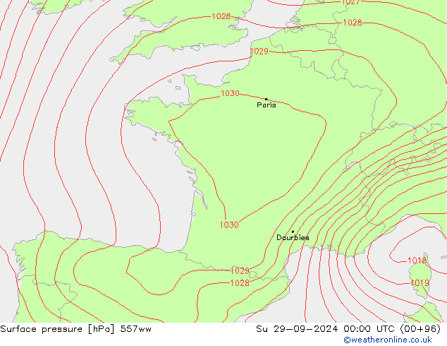 Surface pressure 557ww Su 29.09.2024 00 UTC