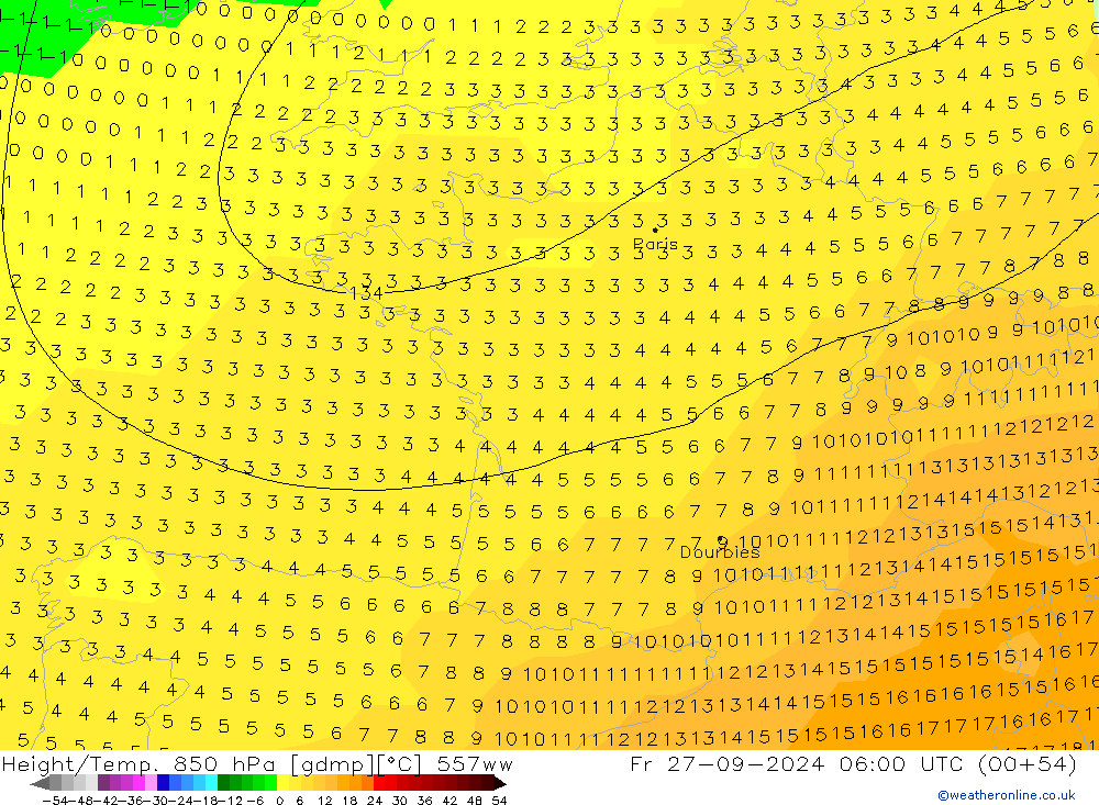 Géop./Temp. 850 hPa 557ww ven 27.09.2024 06 UTC