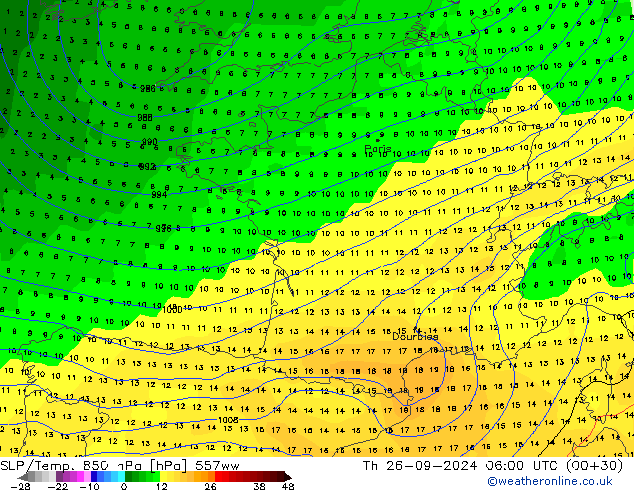 850 hPa Yer Bas./Sıc 557ww Per 26.09.2024 06 UTC