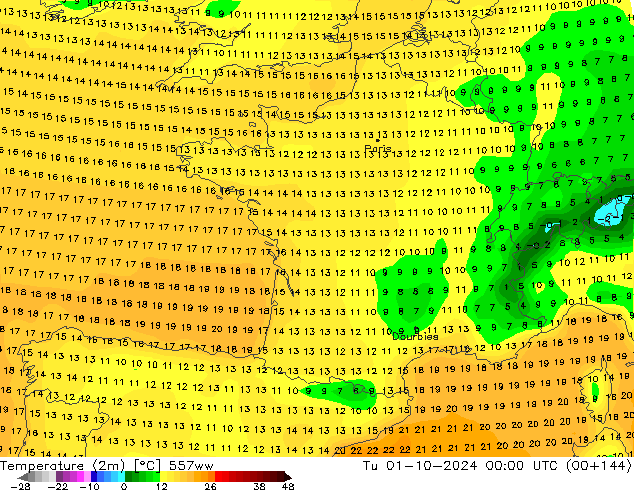 Temperatuurkaart (2m) 557ww di 01.10.2024 00 UTC