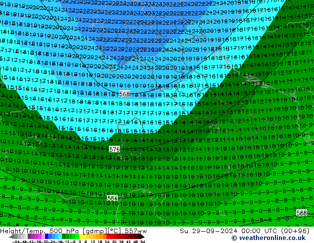 Height/Temp. 500 hPa 557ww Su 29.09.2024 00 UTC