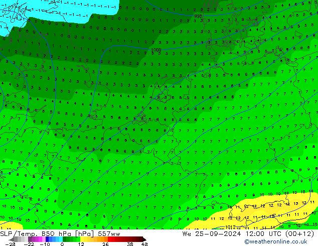 SLP/Temp. 850 hPa 557ww Mi 25.09.2024 12 UTC