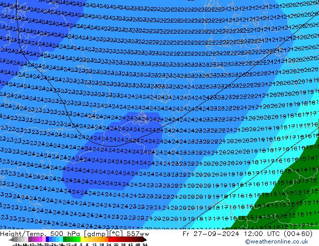 Height/Temp. 500 hPa 557ww Fr 27.09.2024 12 UTC