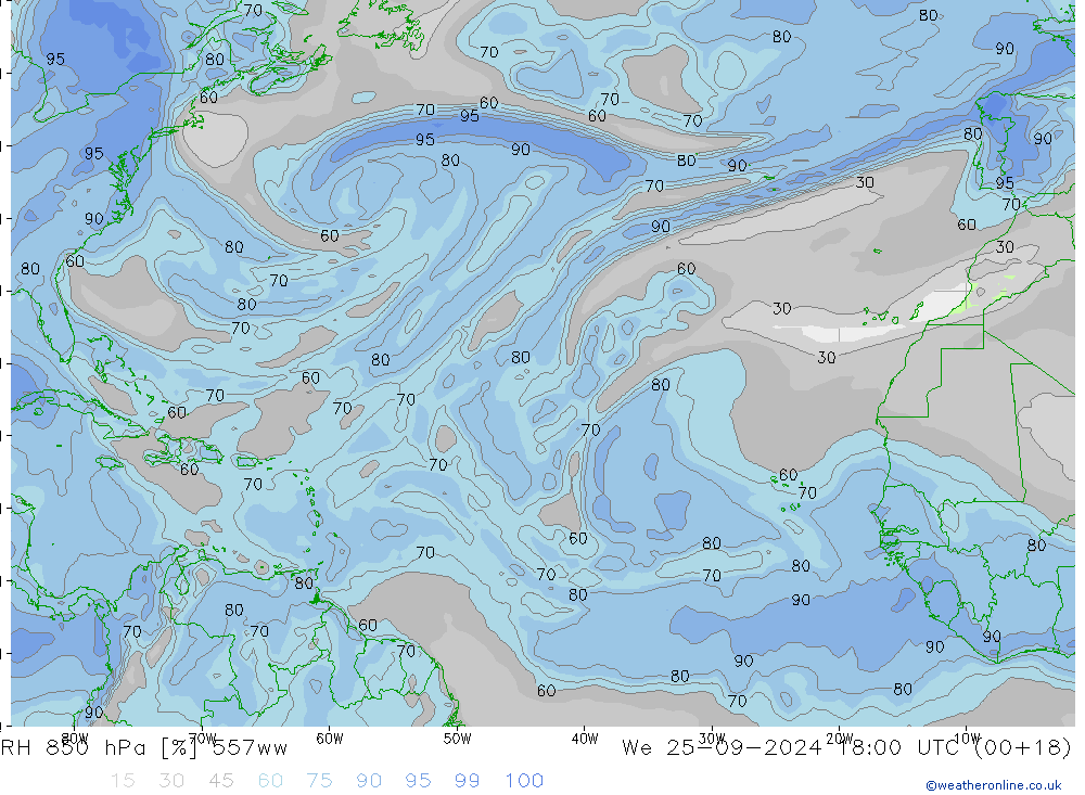 RH 850 hPa 557ww We 25.09.2024 18 UTC