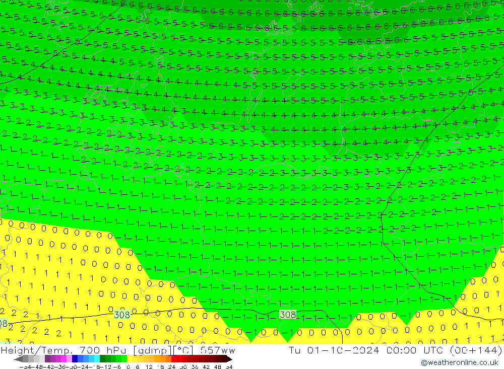 Height/Temp. 700 hPa 557ww Tu 01.10.2024 00 UTC