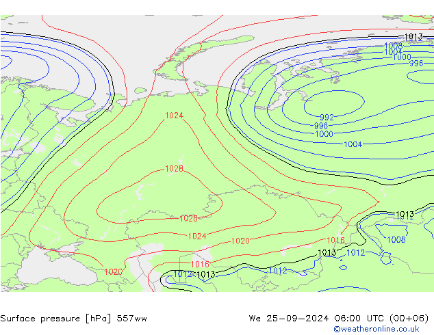 Presión superficial 557ww mié 25.09.2024 06 UTC