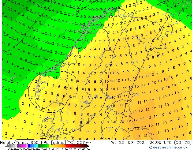 Hoogte/Temp. 850 hPa 557ww wo 25.09.2024 06 UTC