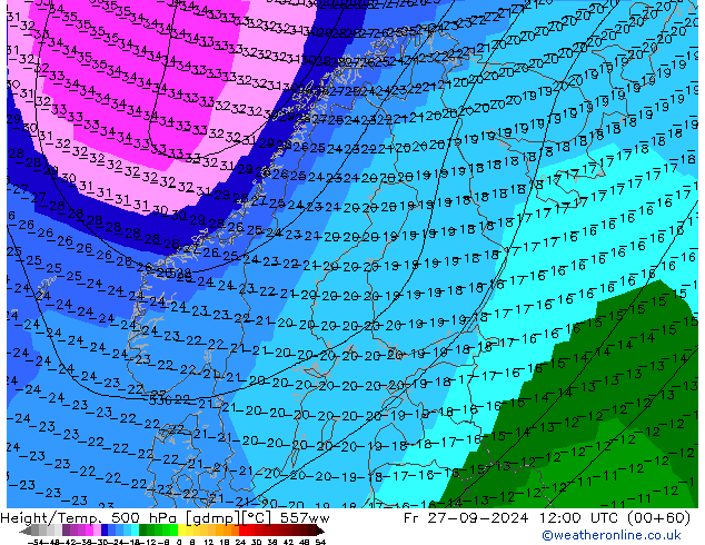 Height/Temp. 500 гПа 557ww пт 27.09.2024 12 UTC