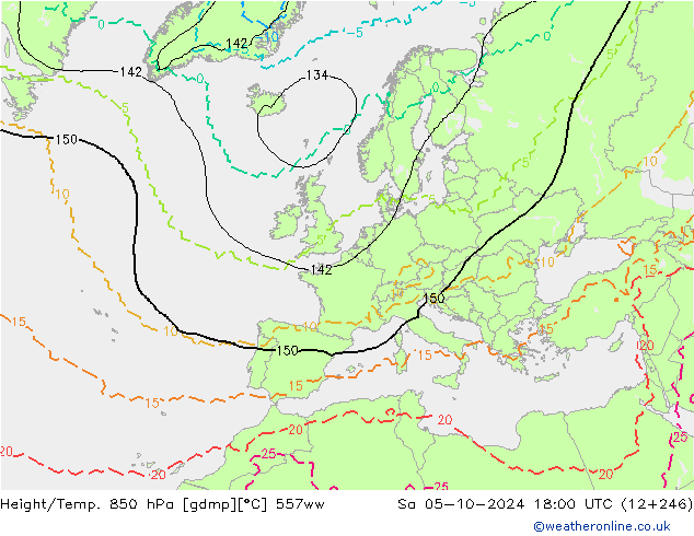 Hoogte/Temp. 850 hPa 557ww za 05.10.2024 18 UTC