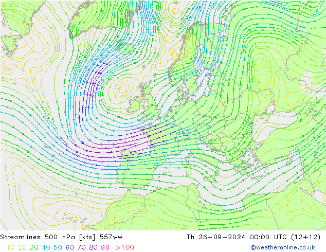 Linea di flusso 500 hPa 557ww gio 26.09.2024 00 UTC