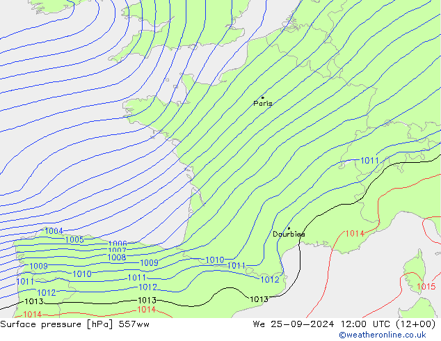 Surface pressure 557ww We 25.09.2024 12 UTC