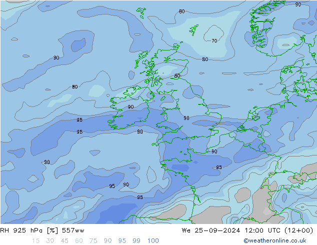 RH 925 hPa 557ww śro. 25.09.2024 12 UTC