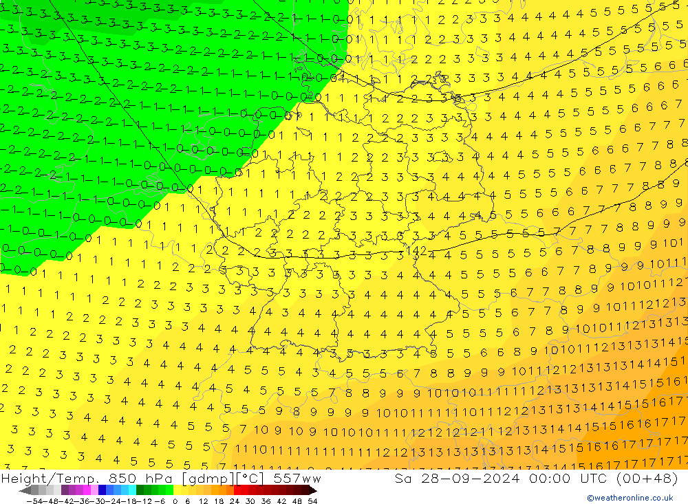 Height/Temp. 850 hPa 557ww  28.09.2024 00 UTC