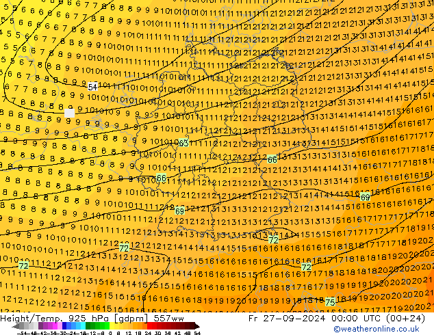 Hoogte/Temp. 925 hPa 557ww vr 27.09.2024 00 UTC