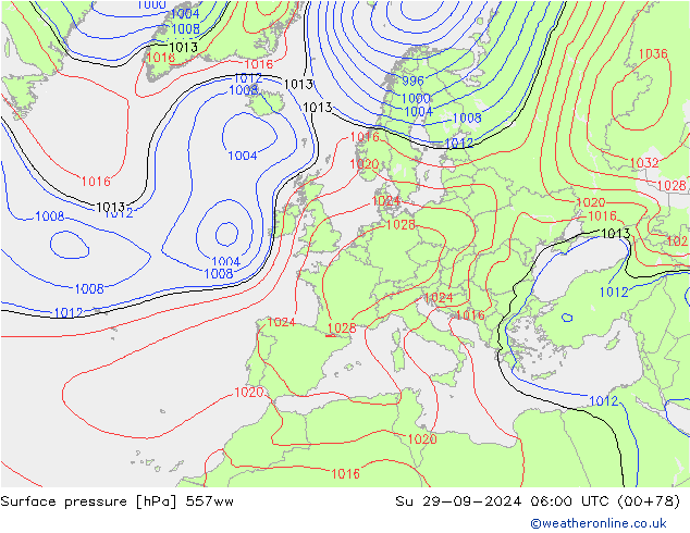 Surface pressure 557ww Su 29.09.2024 06 UTC