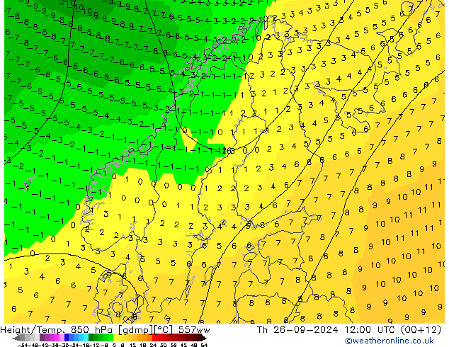 Height/Temp. 850 гПа 557ww чт 26.09.2024 12 UTC