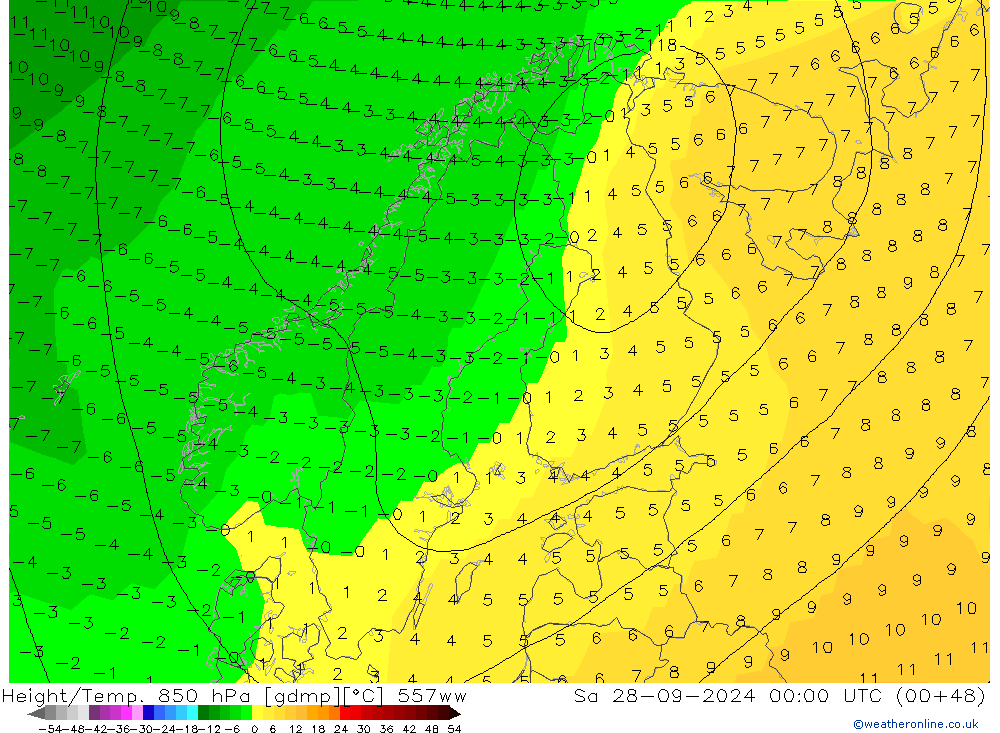 Height/Temp. 850 hPa 557ww Sa 28.09.2024 00 UTC