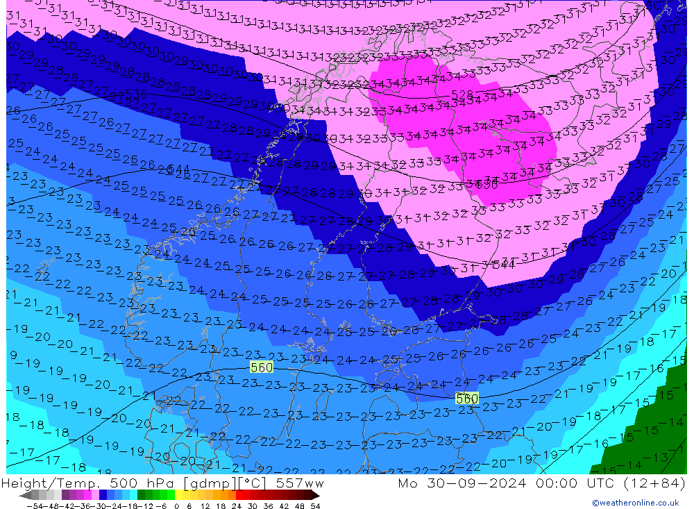 Height/Temp. 500 гПа 557ww пн 30.09.2024 00 UTC