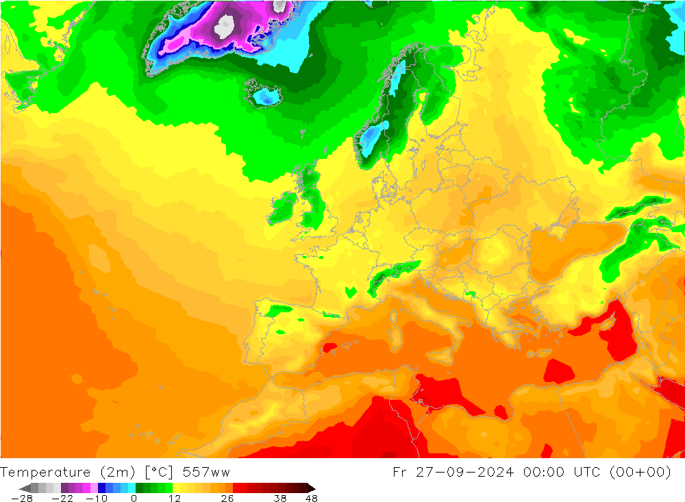 Temperatuurkaart (2m) 557ww vr 27.09.2024 00 UTC