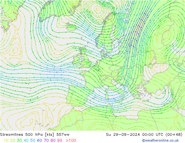 风 500 hPa 557ww 星期日 29.09.2024 00 UTC