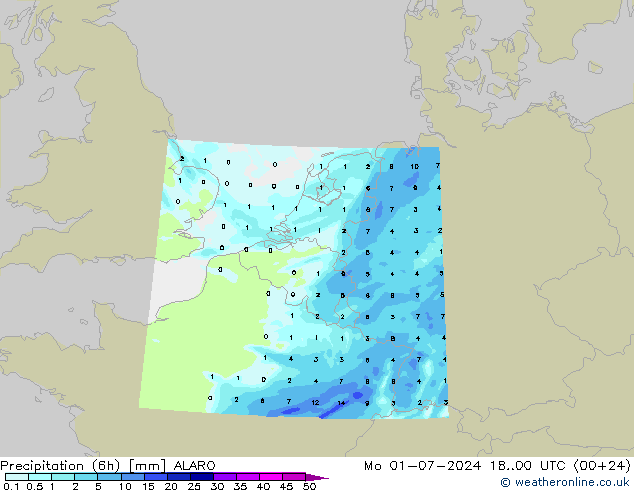 Totale neerslag (6h) ALARO ma 01.07.2024 00 UTC