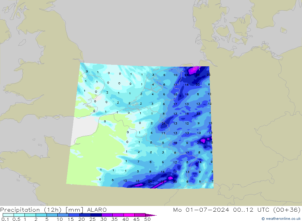 降水量 (12h) ALARO 星期一 01.07.2024 12 UTC