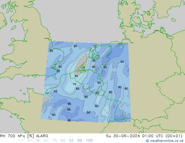 RH 700 hPa ALARO 星期日 30.06.2024 01 UTC