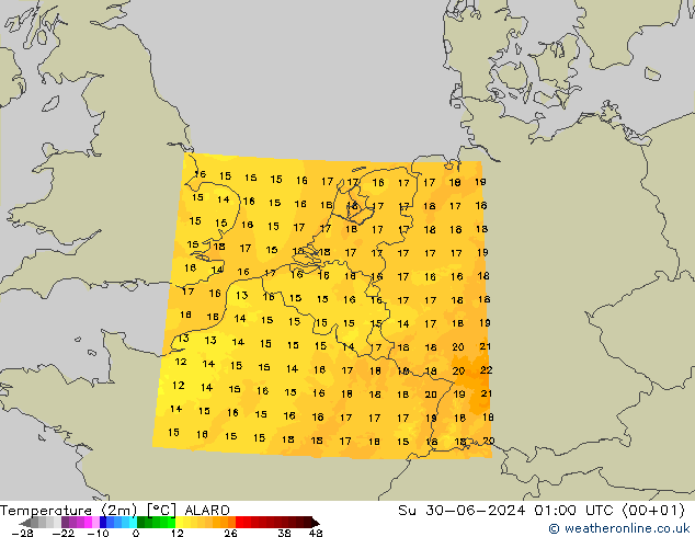 温度图 ALARO 星期日 30.06.2024 01 UTC