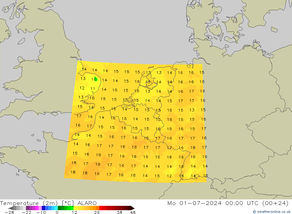 温度图 ALARO 星期一 01.07.2024 00 UTC