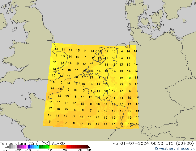 Temperatuurkaart (2m) ALARO ma 01.07.2024 06 UTC