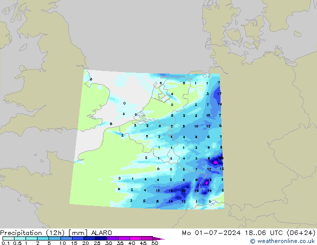 降水量 (12h) ALARO 星期一 01.07.2024 06 UTC