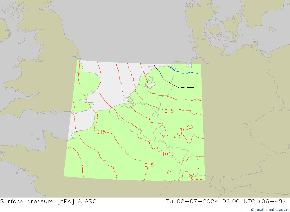 地面气压 ALARO 星期二 02.07.2024 06 UTC