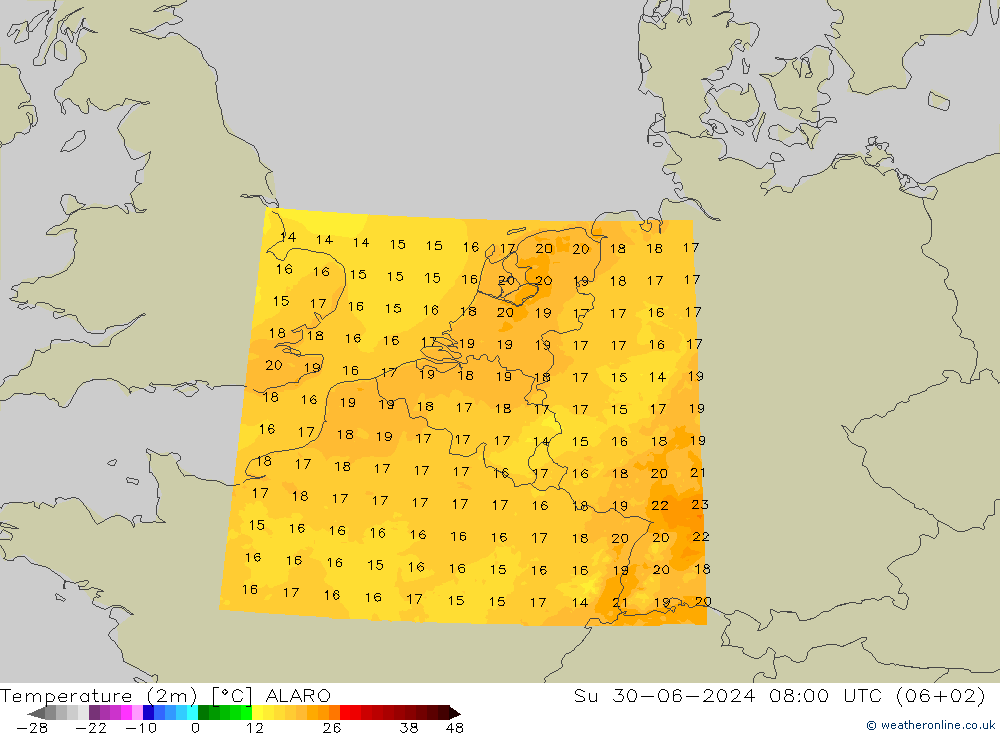Temperatuurkaart (2m) ALARO zo 30.06.2024 08 UTC