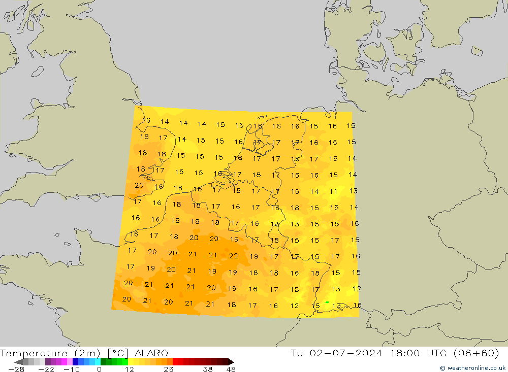 Temperatuurkaart (2m) ALARO di 02.07.2024 18 UTC