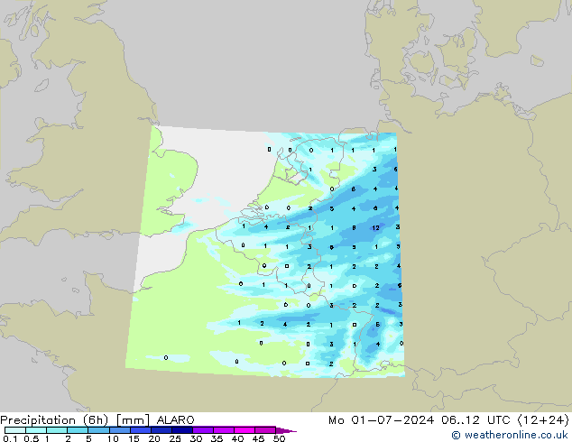 降水量 (6h) ALARO 星期一 01.07.2024 12 UTC